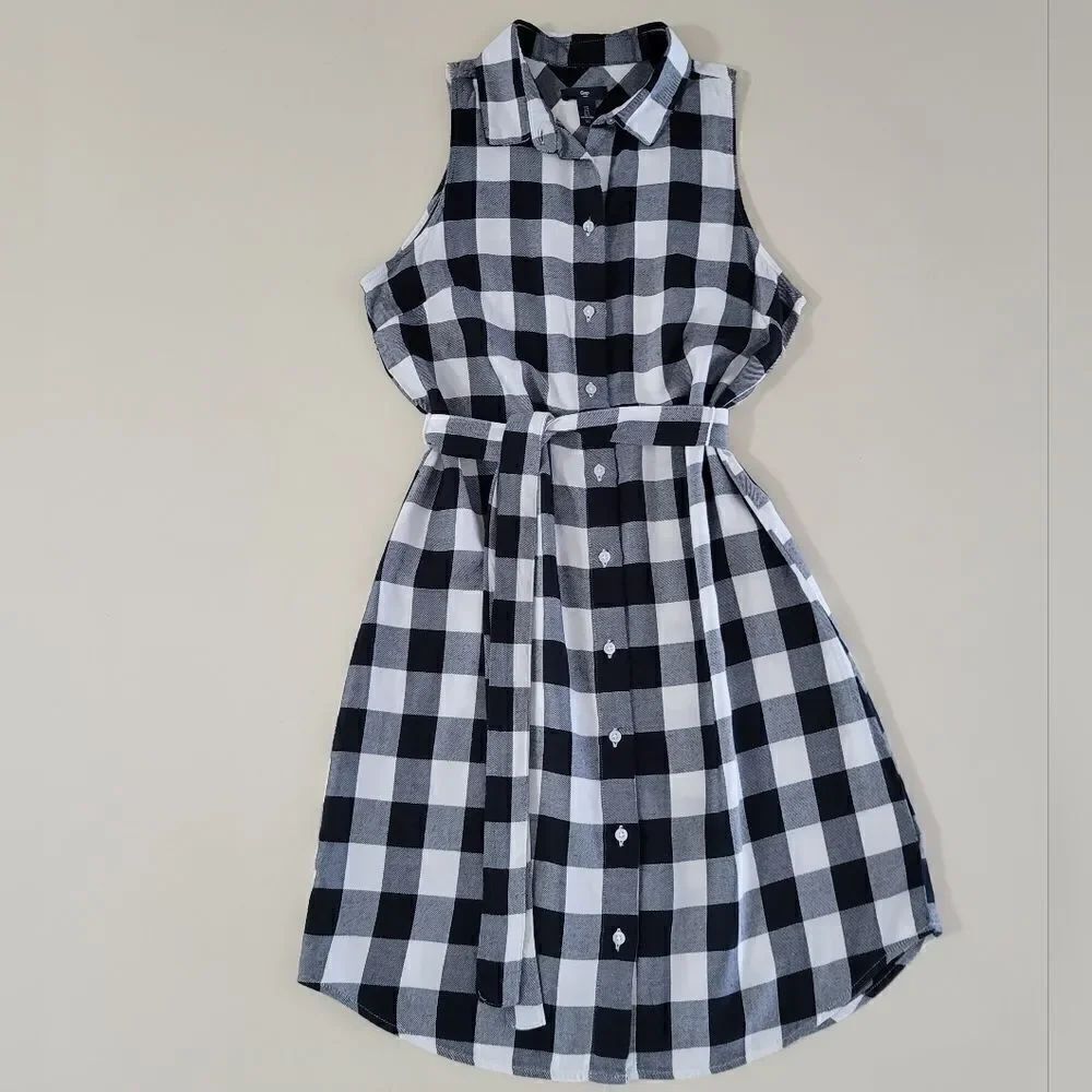 Gap Women's Black Buffalo Check Sleeveless Button-Down Shirt Dress
